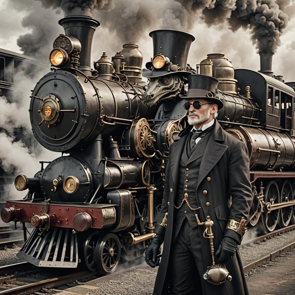 Steampunk Dragon Gentleman Beside Steam Train Engine