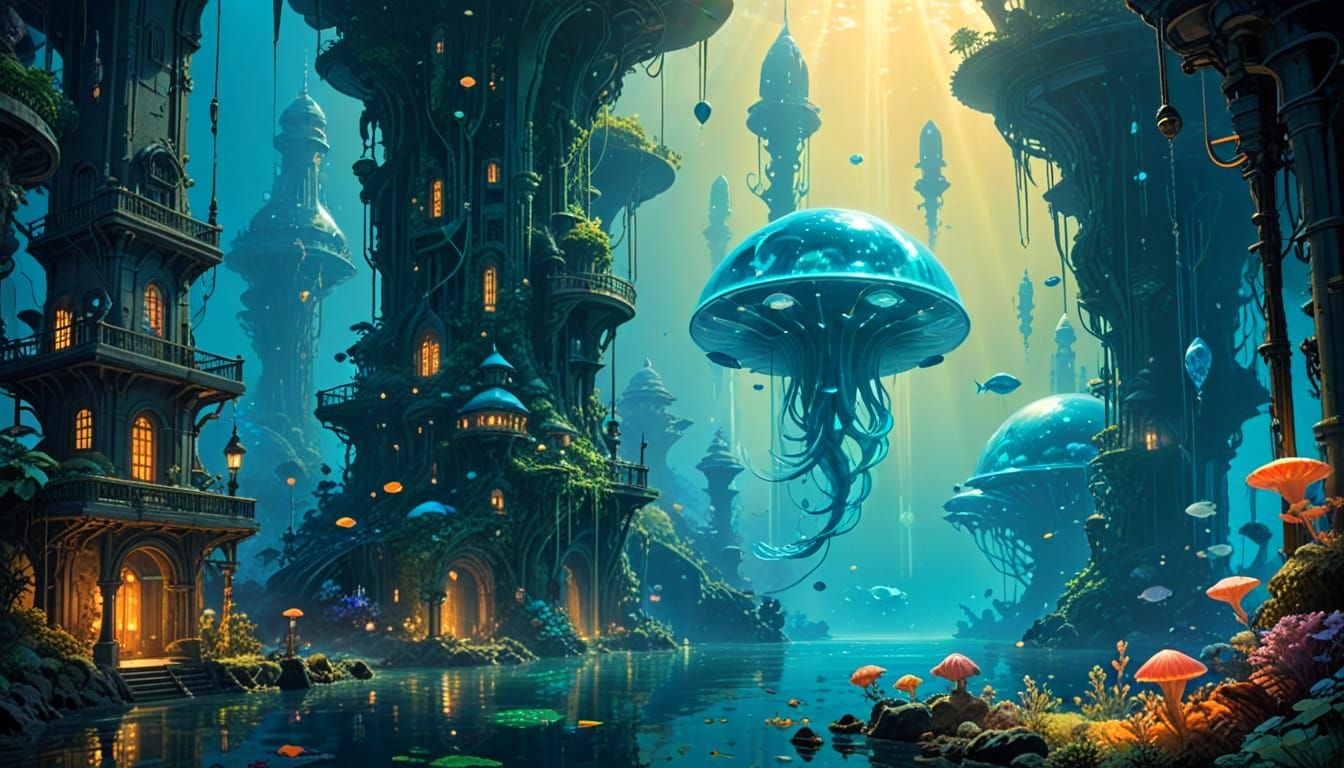 Futuristic Underwater City in Digital Art Nouveau Style