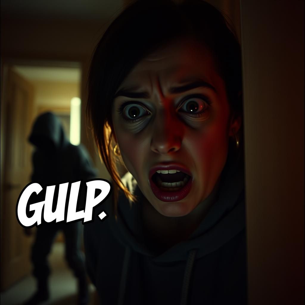 Terrified Woman in Dark Room with Lurking Figure