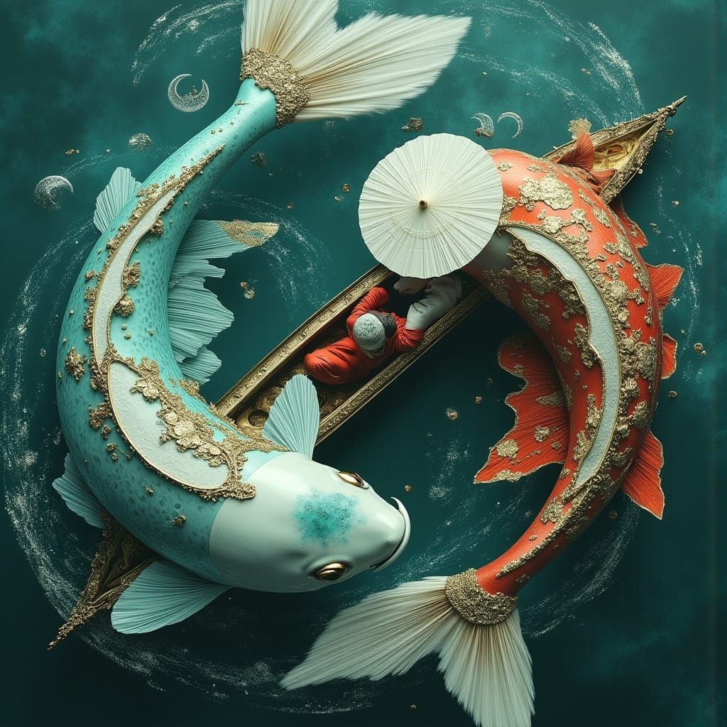 Surreal Koi Swim in Harmony with Elegant Boatsman and Woman ...