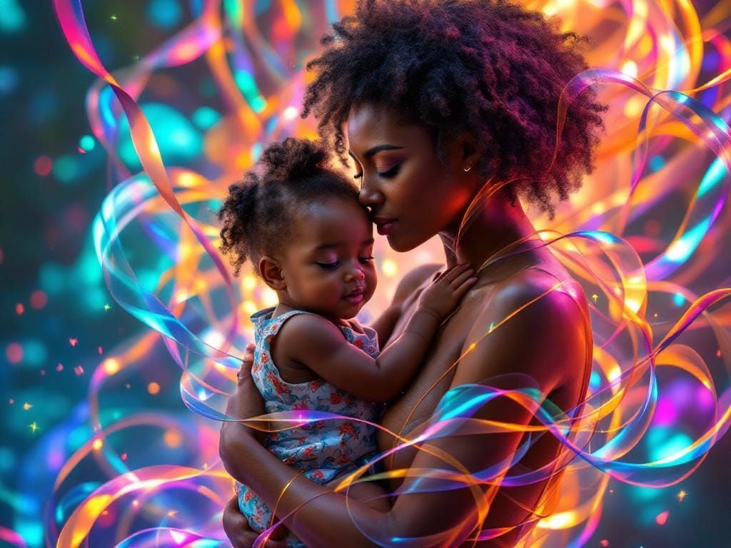 Hyperrealistic Ribbon Art: Mother and Child in Color