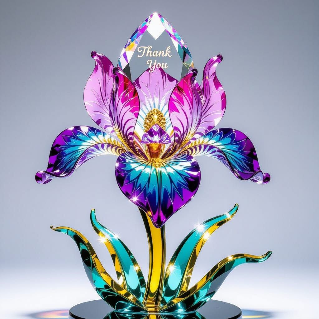 Glass Iris Flower Statue with Crystal Leaf