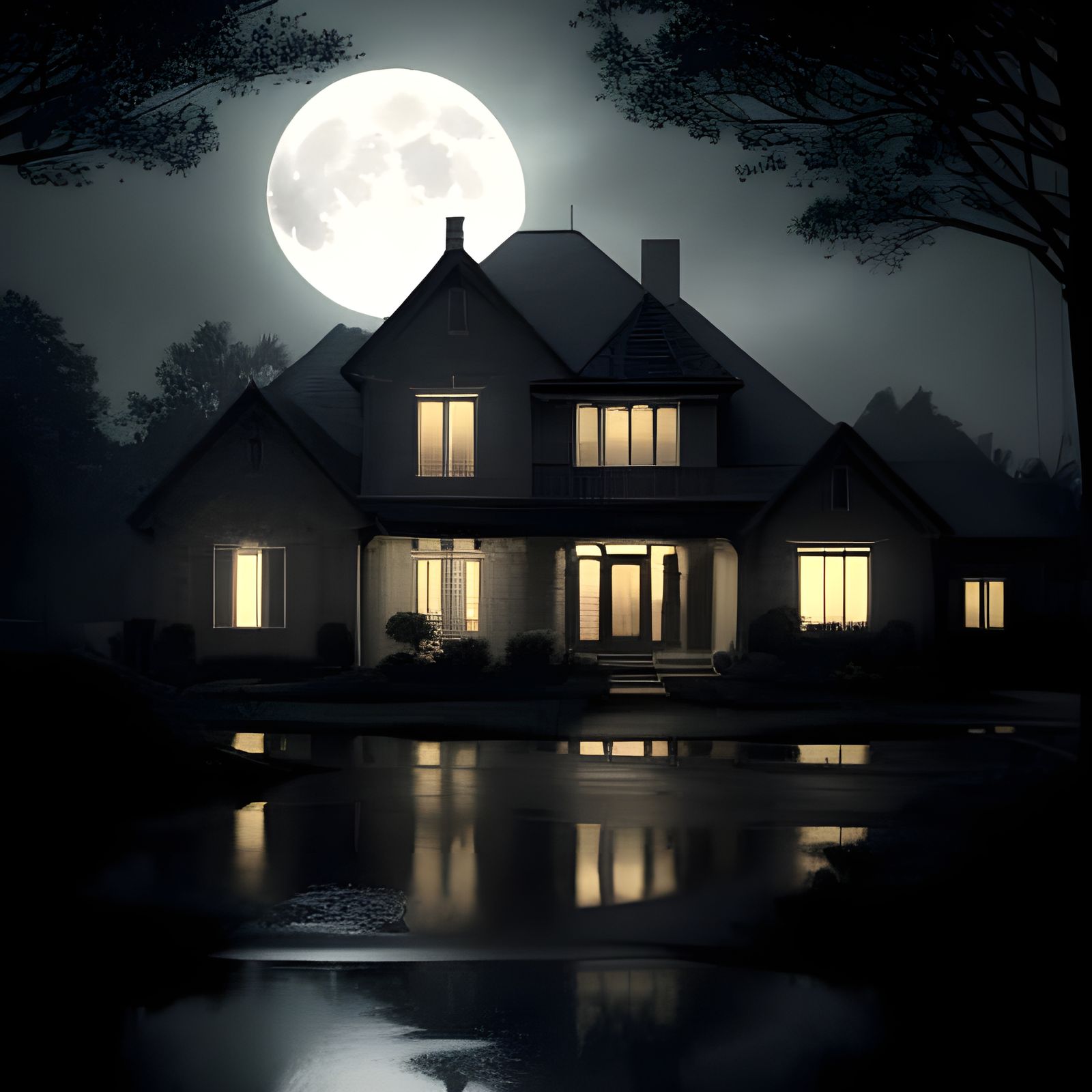 Serene Night Cityscape Under a Brilliant Full Moon