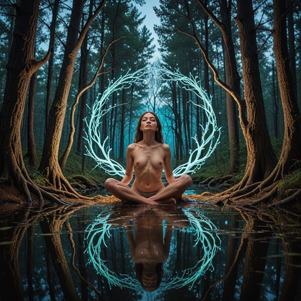 Bioluminescent Forest with Floating Woman: Dreamlike Reality