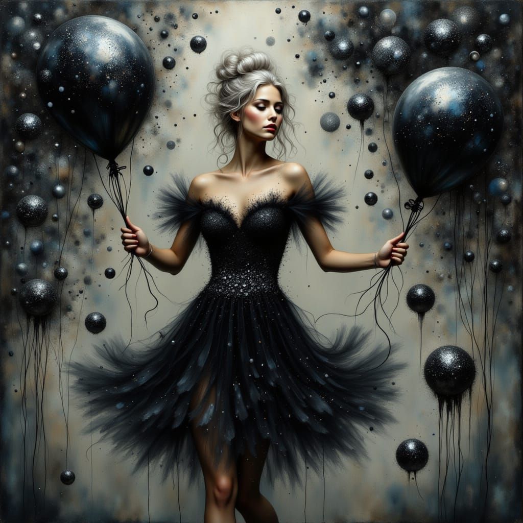 Woman in Black Dress Above Iridescent Forest