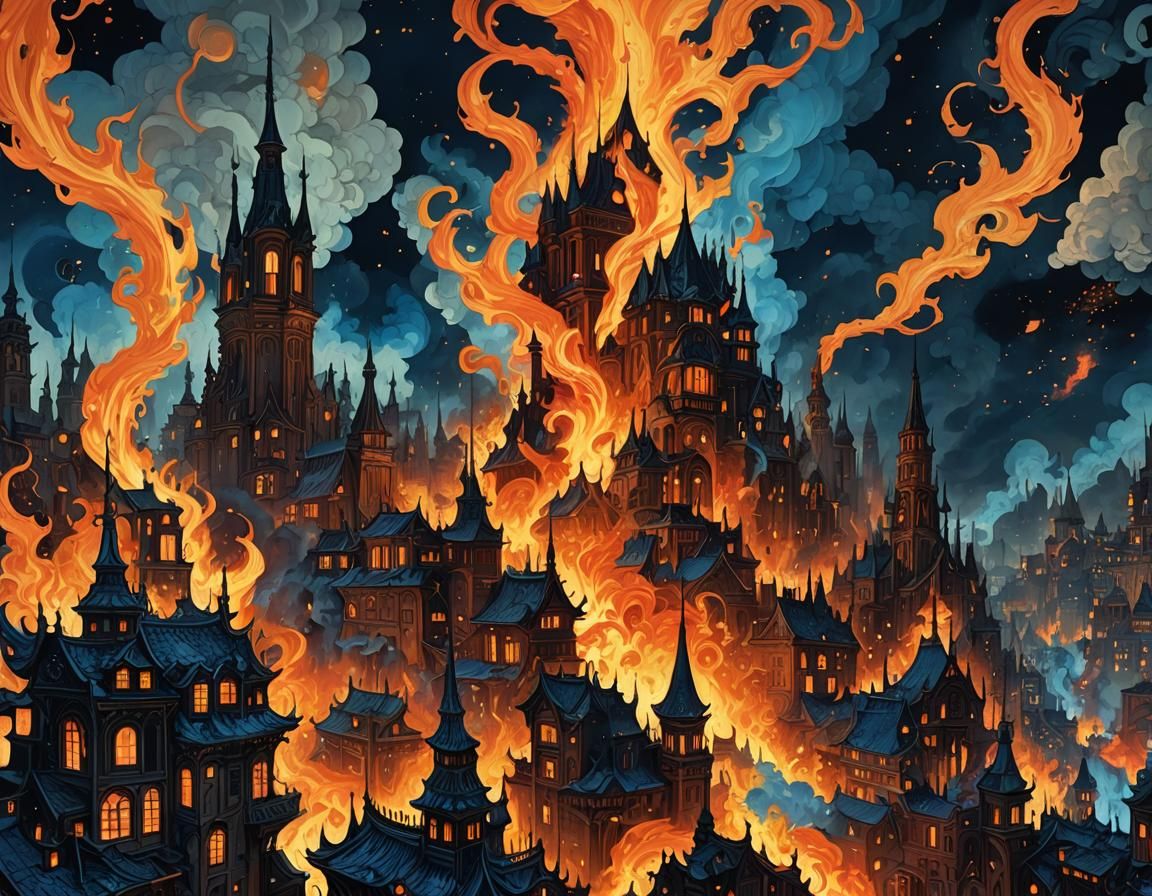 City Ablaze: Surreal Digital Art in Vibrant Colors