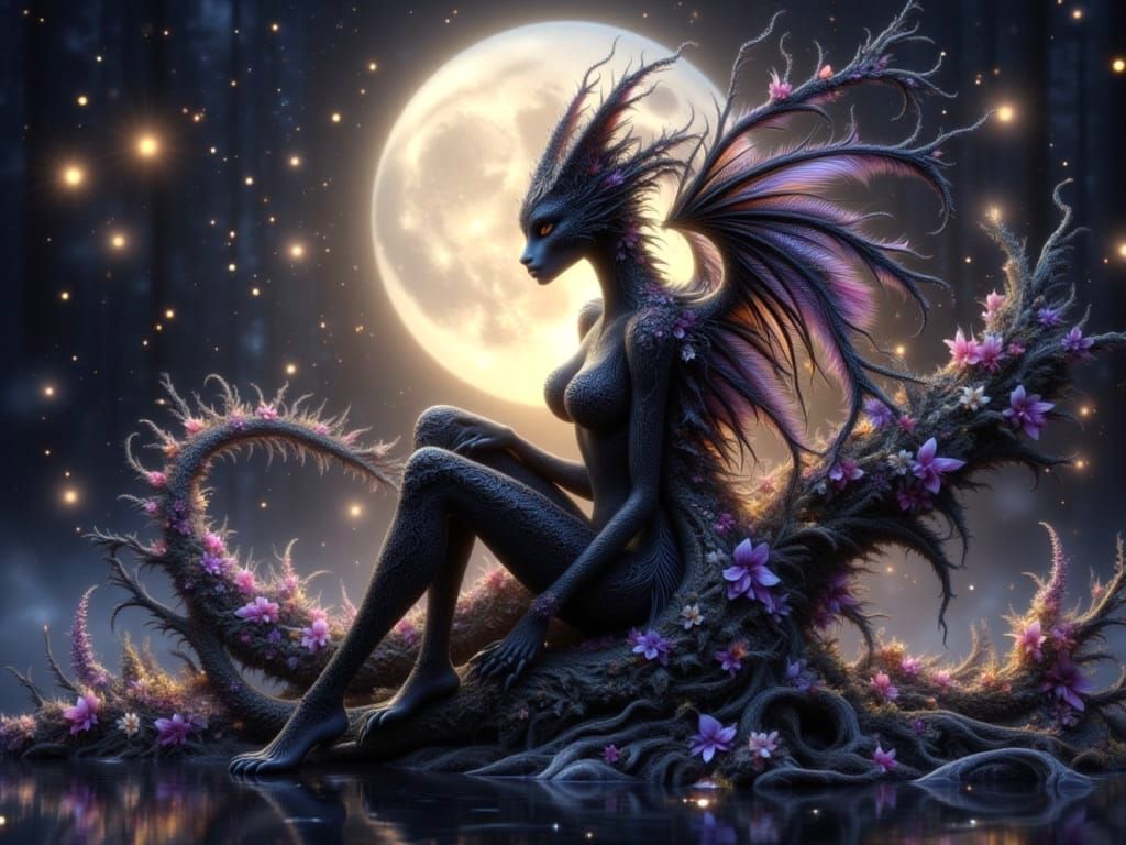 Fantasy Art: Female Dragon Hybrid with Fractal Lace