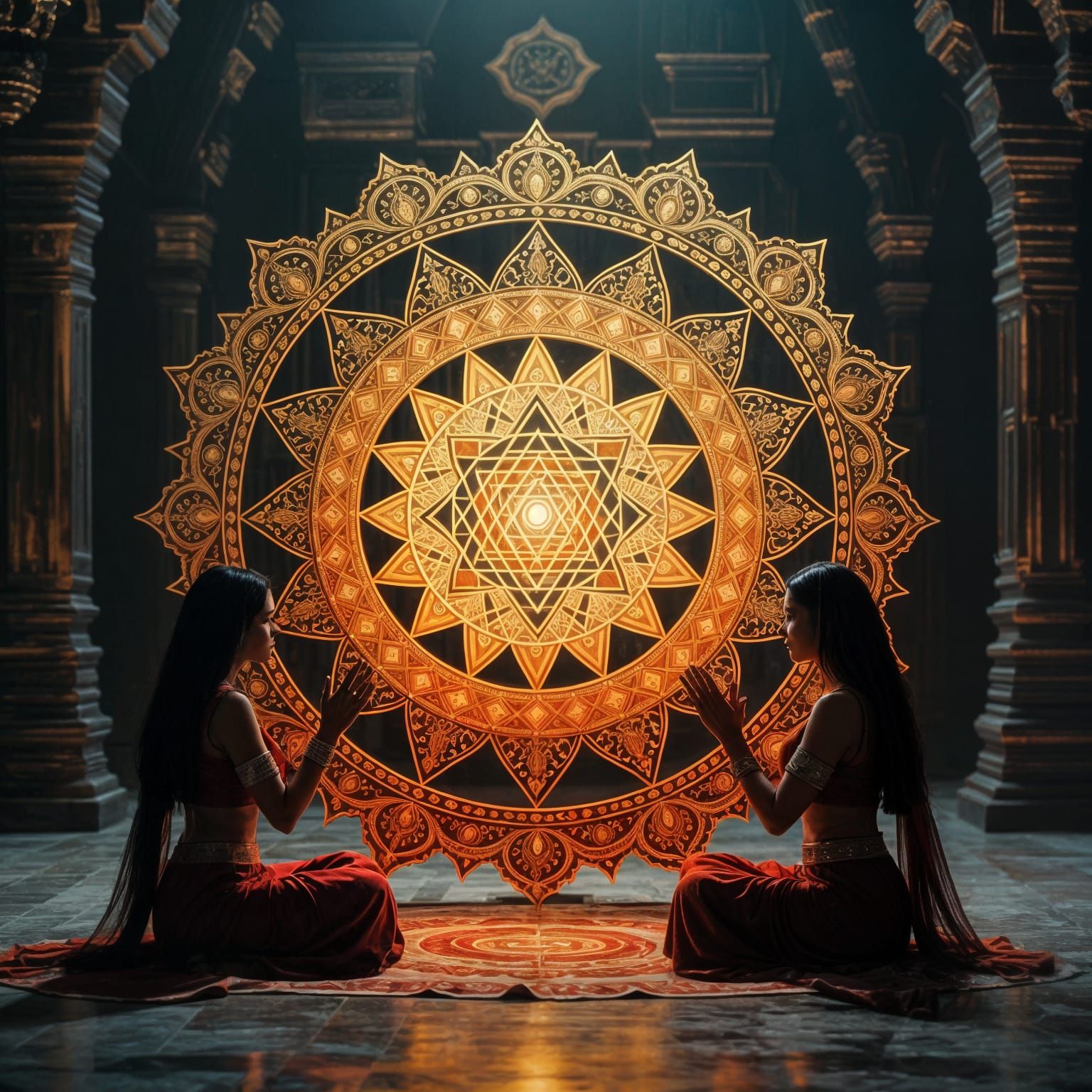 Sri Yantra Mandala with Goddesses in Cinematic Style