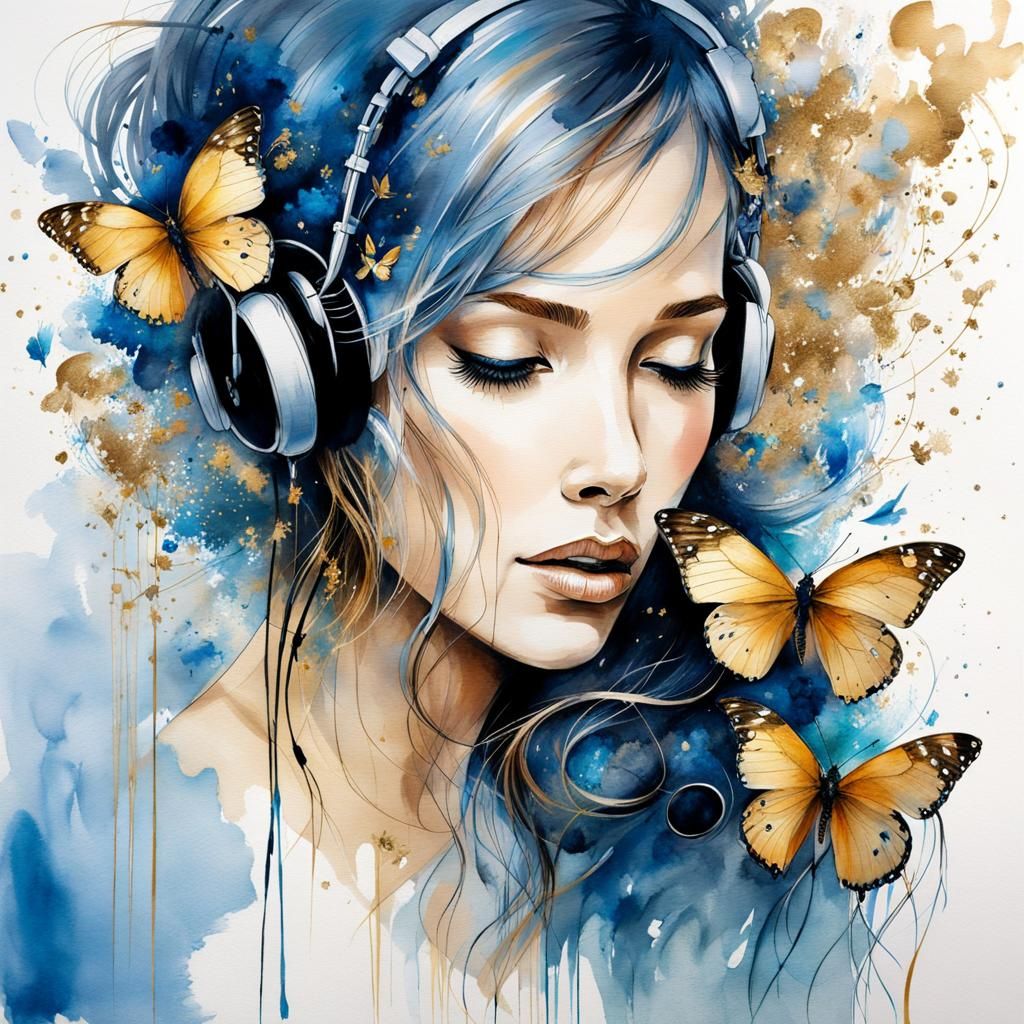 Portrait of Woman Listening to Music in Watercolor