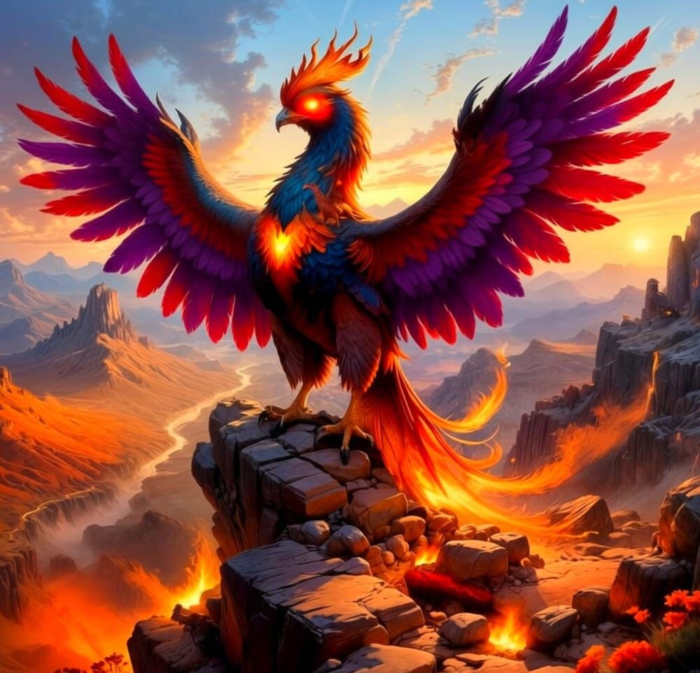 Magnificent Phoenix Over Arid Desert at Sunset