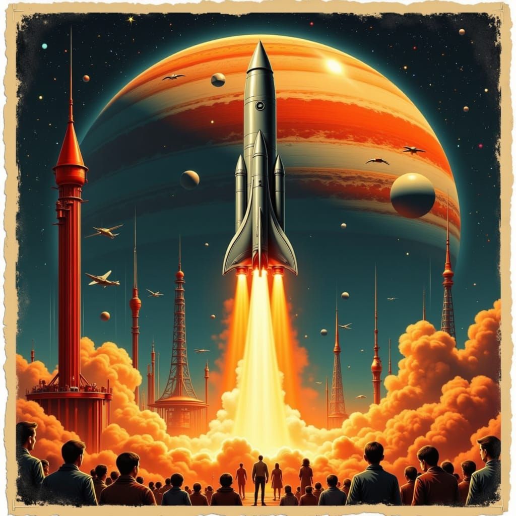 Vintage Sci-Fi Rocket Launch Poster Art