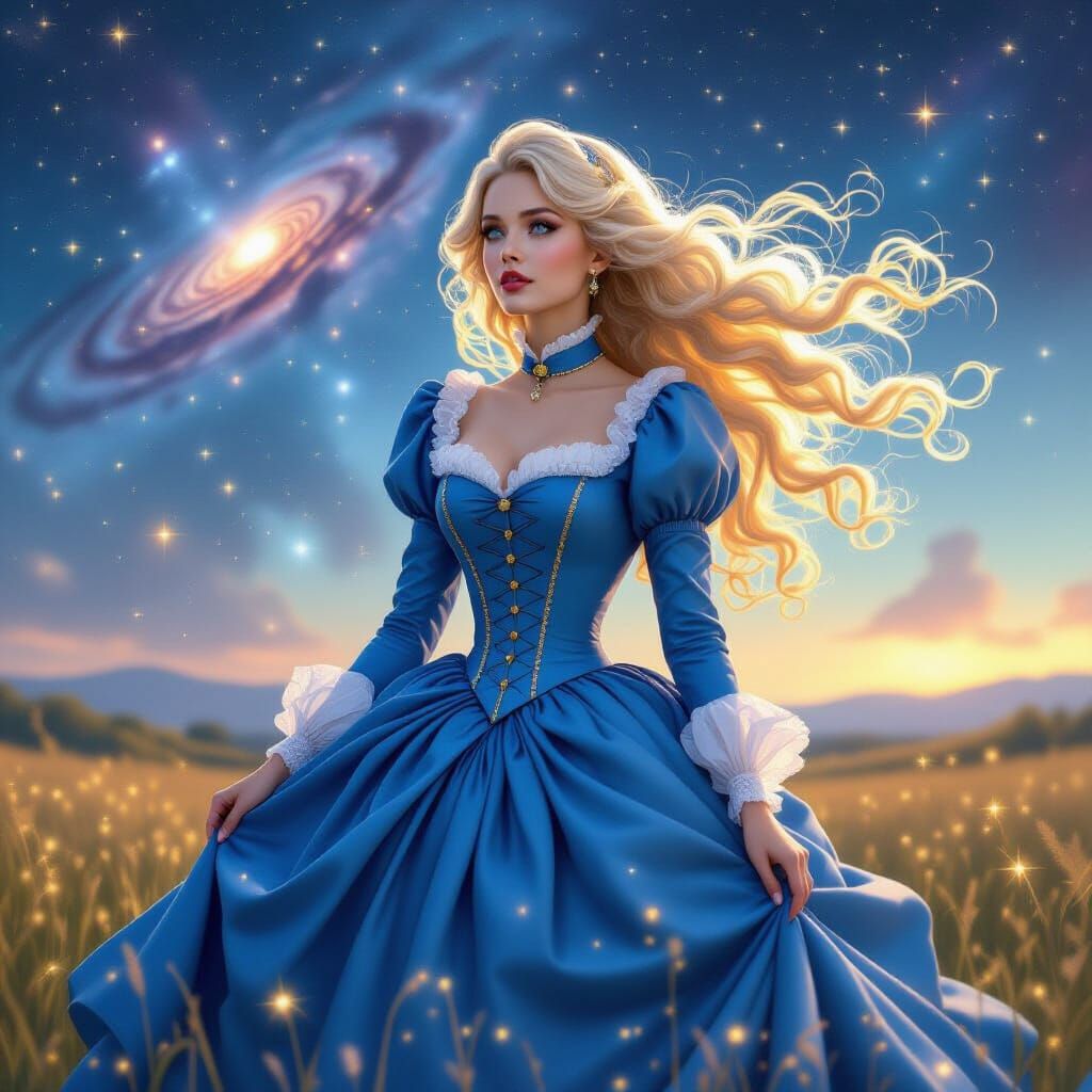 Victorian Woman with Starry Hair in Cosmic Landscape