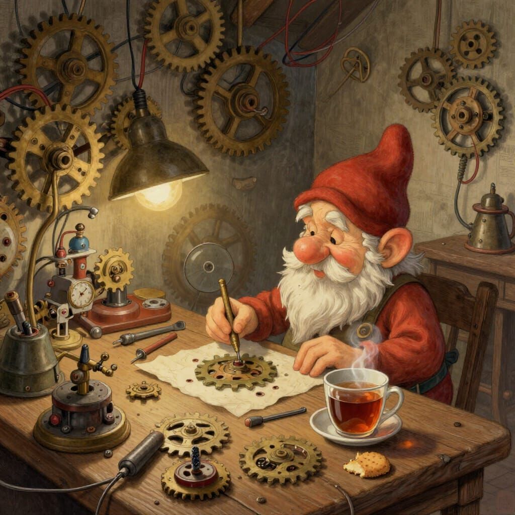 Gnome Tinkerer's Workshop in Whimsical Illustration Style