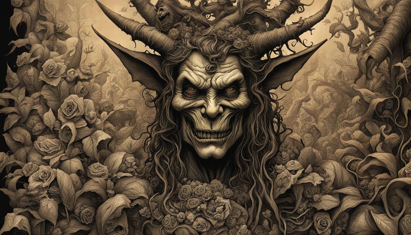 (Satan's hybrid:1.3)
(Cannabis Indica1.4)
intricately detailed;Art by Dave McKean,
Artist style of Tony Moore,...