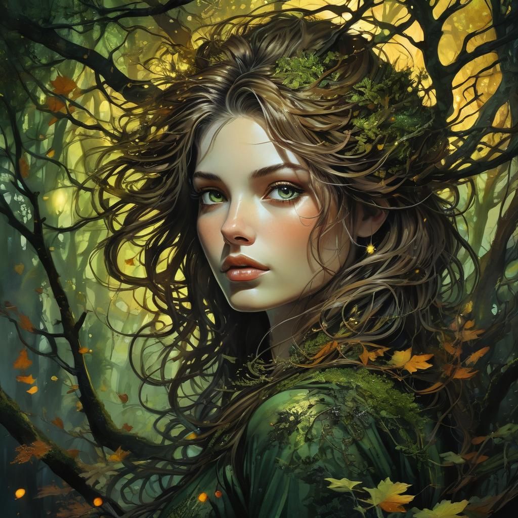 Autumn Woman Portrait in Watercolor and Ink