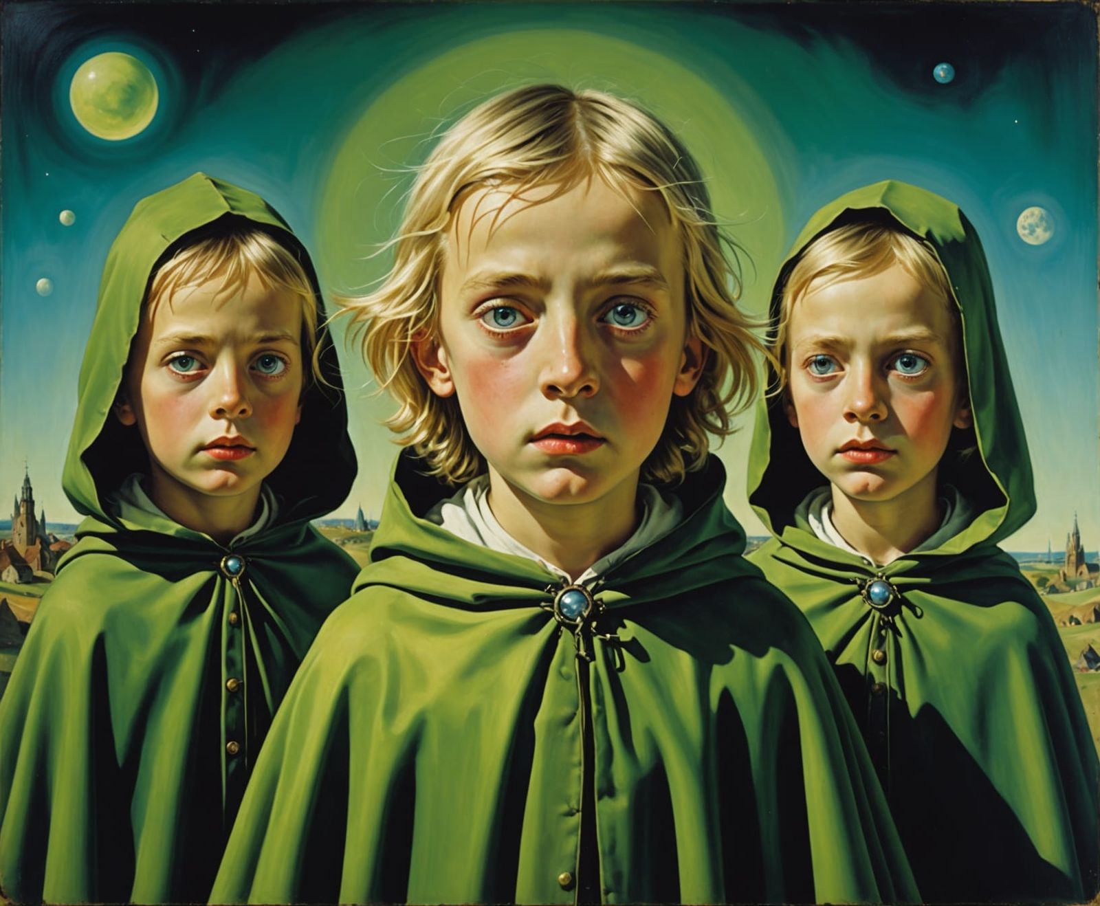 Surreal Boy with Voltage Eyes and Green Sky