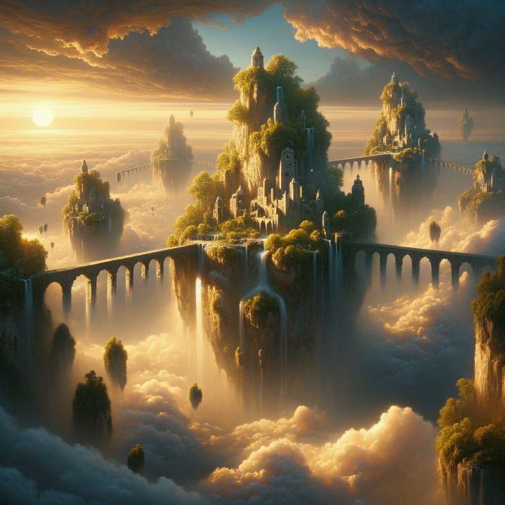 Floating Islands at Sunset: Oil Realism Landscape