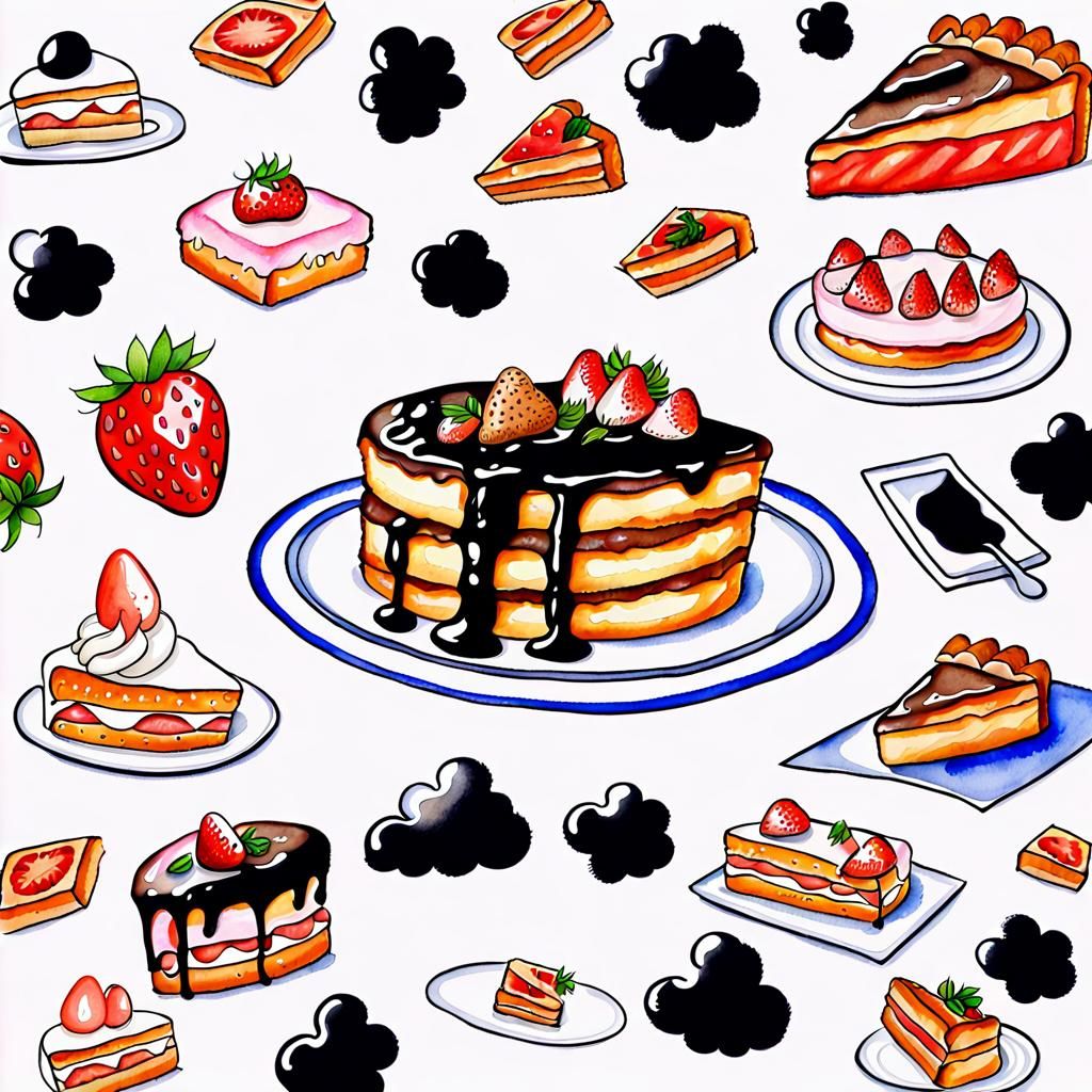 Watercolor Ink Drawing of Sweet Food Desserts