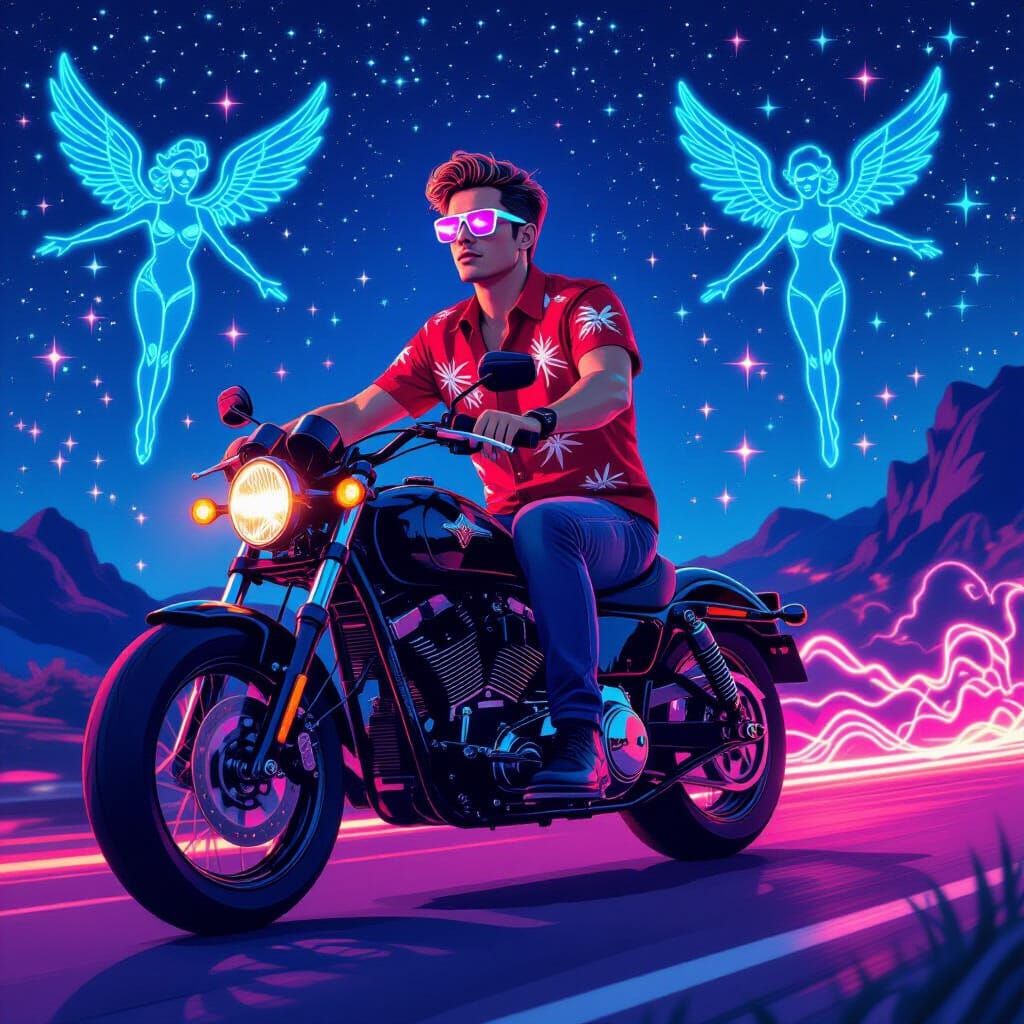 Gemini Neon Art: Man on Motorcycle in Cosmic Style