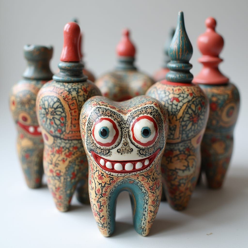 Ceramic Teeth Chess Set in Pop Surrealist Style
