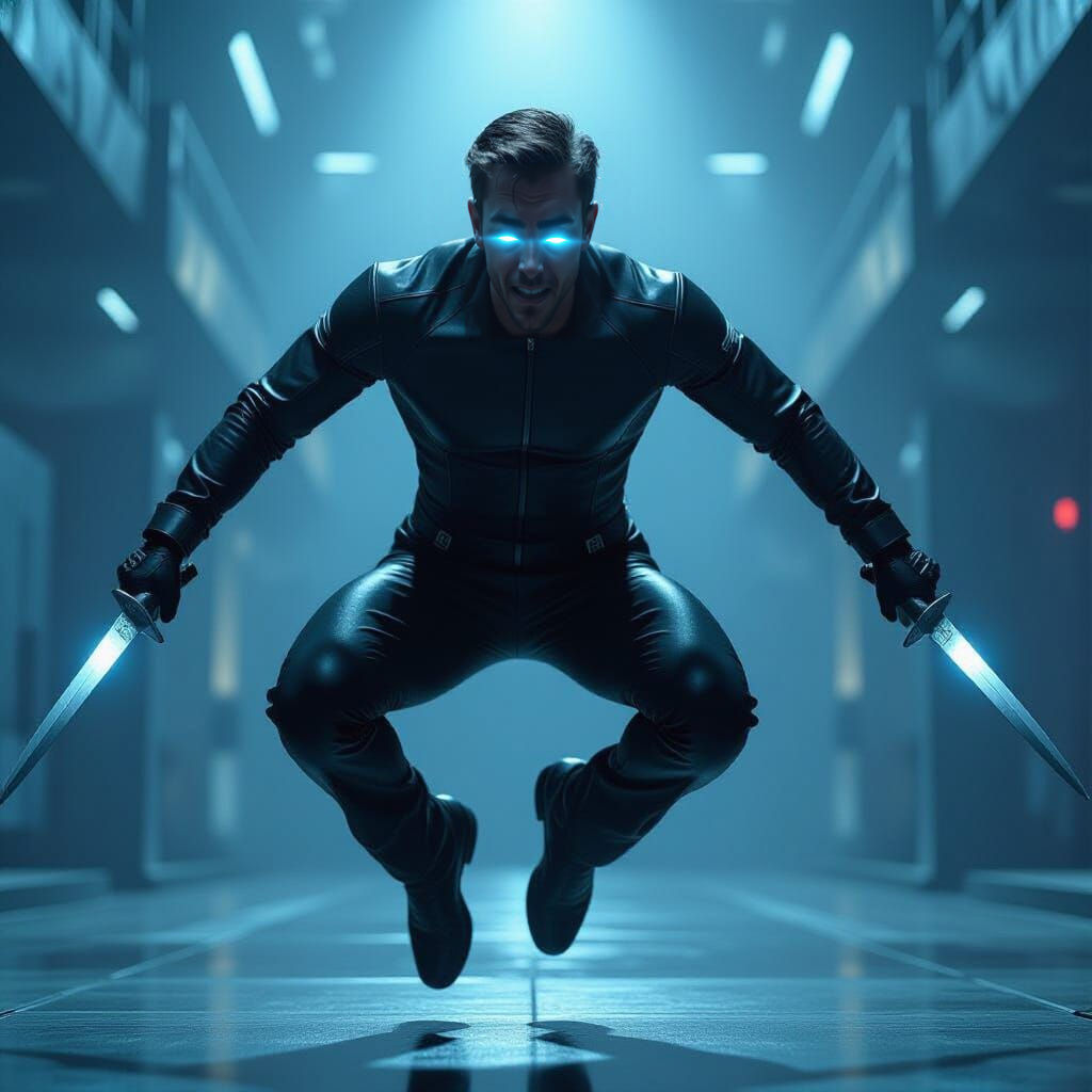 Man Backflipping with Glowing Eyes, Futuristic Action