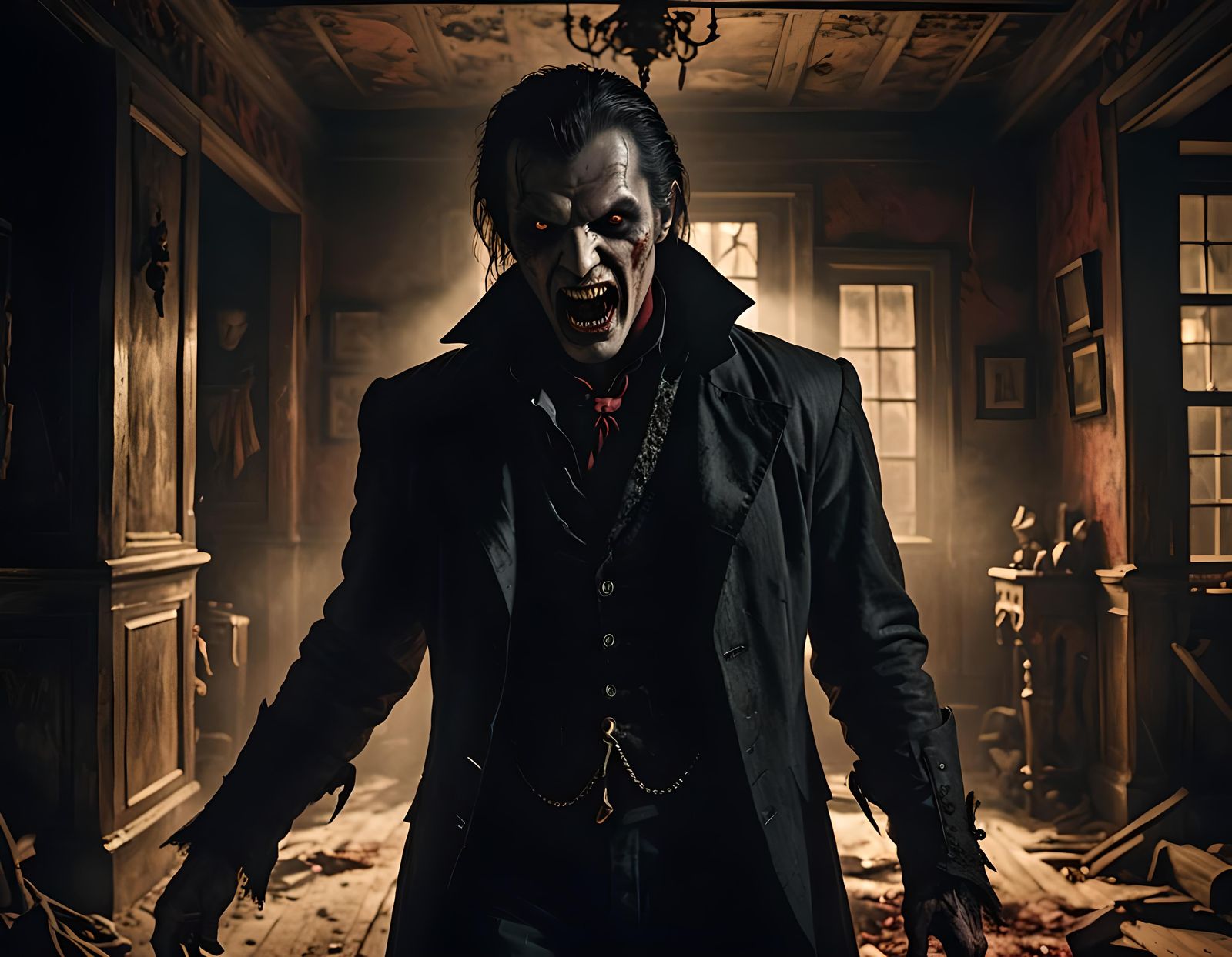 Vampire in Old House with Candlelight and Smoke