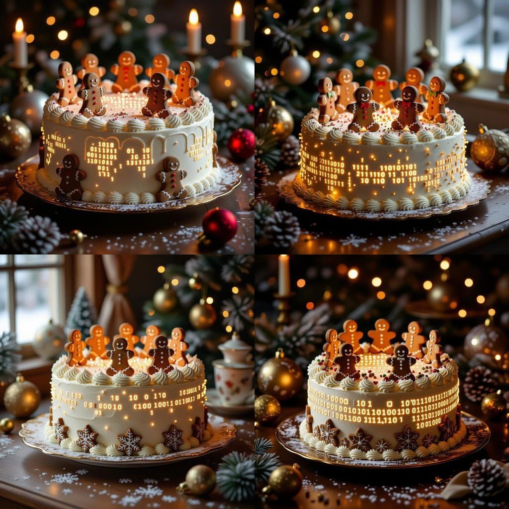 Whimsical Christmas Cake with Binary Gingerbread Figurines