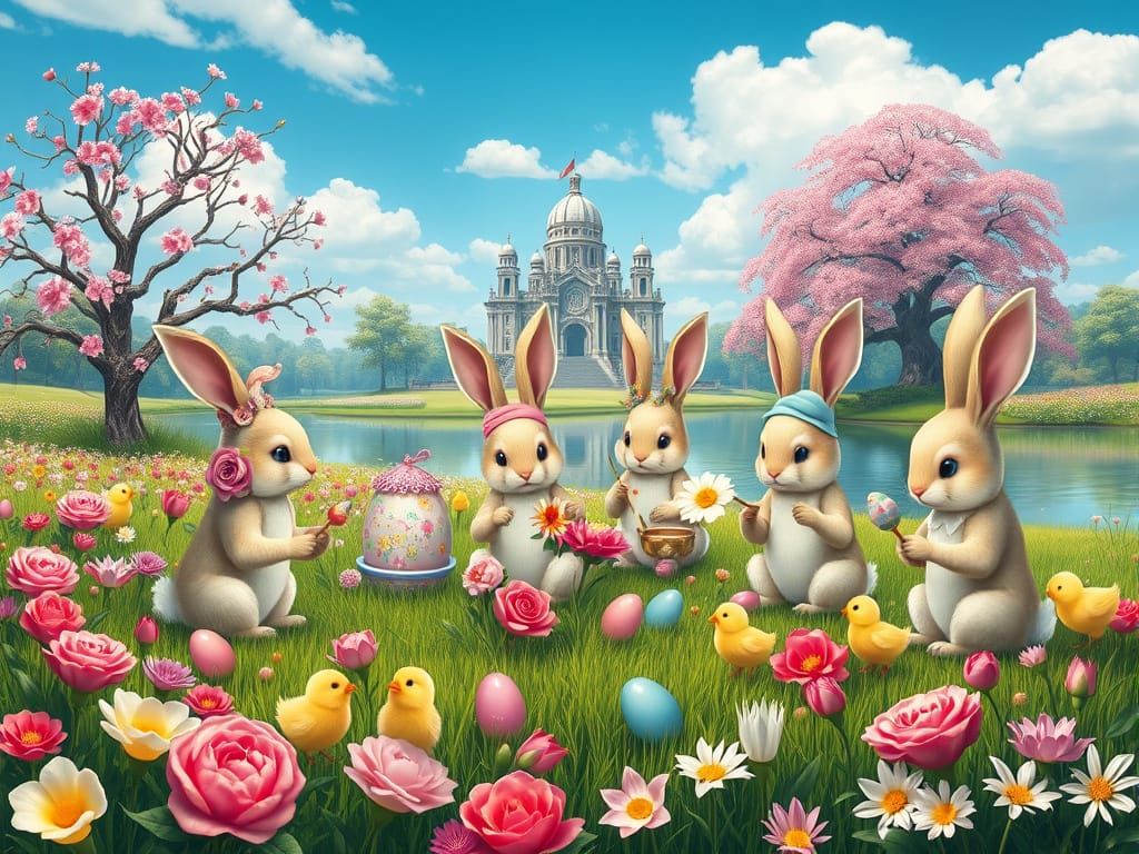 Easter Bunnies Painting Eggs in Floral Field
