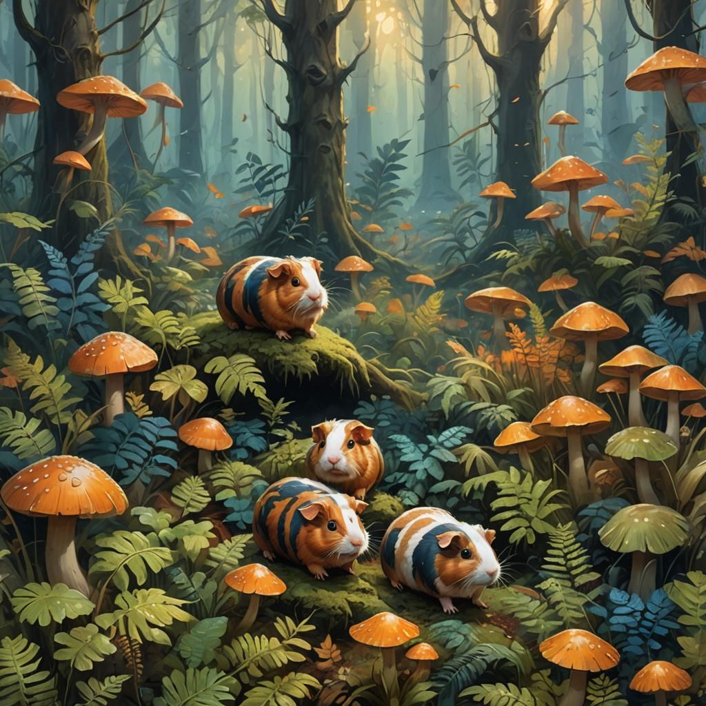 Guinea Pig Warriors in Misty Forest, Fantasy Art