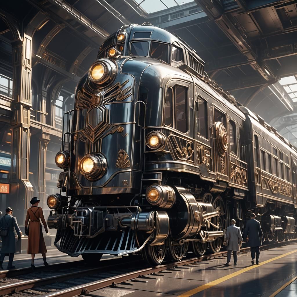 Art Deco Train with Passengers in Sci-Fi Style