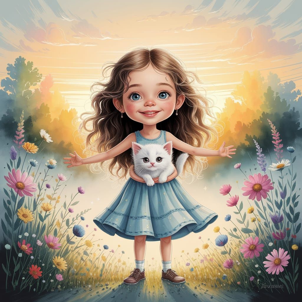 Girl with Kitten in Watercolor Wildflower Field