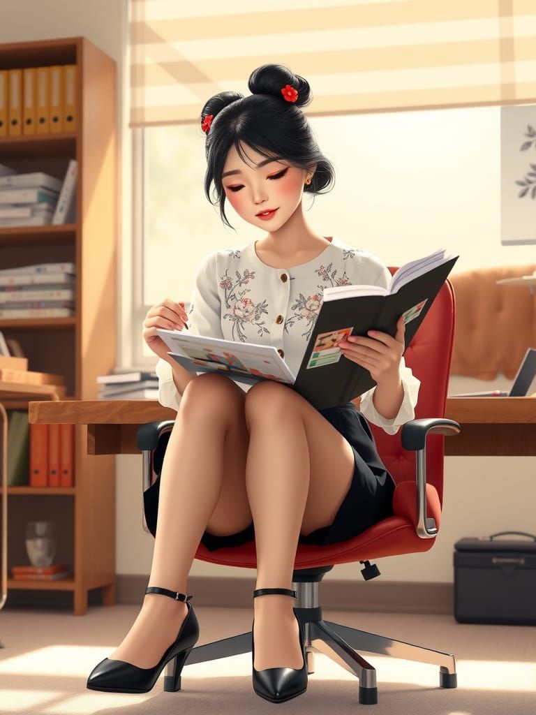 Asian Female Spy at Desk in Intelligence Agency