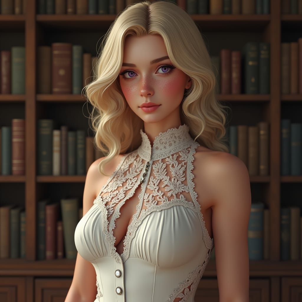Blonde Woman with Purple Eyes in Antique Bookstore