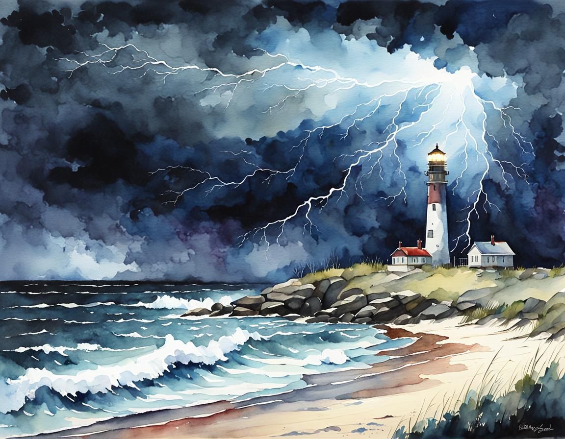 Stormy Beach Lighthouse in Watercolor Painting