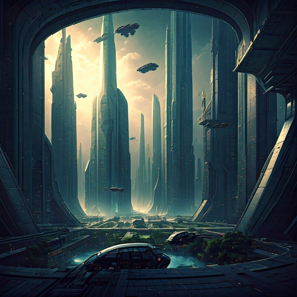 Biofuturistic Metropolis with Levitating Vehicles and Ornate...