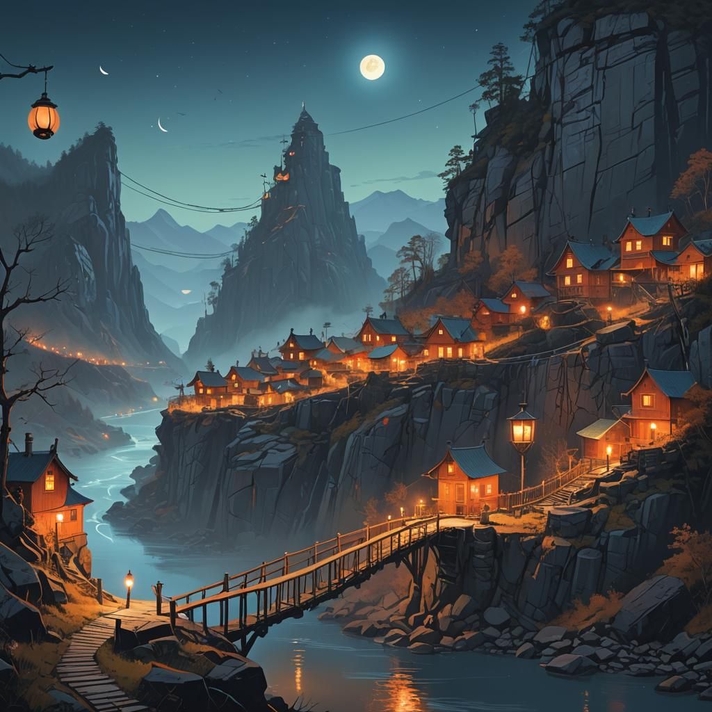 Fantasy River Village at Night, Matte Painting