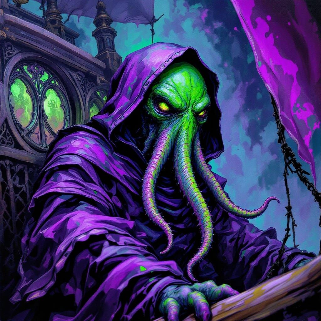 Gothic Mind Flayer in Haunted Ship, Neo-Expressionist Oil Pa...