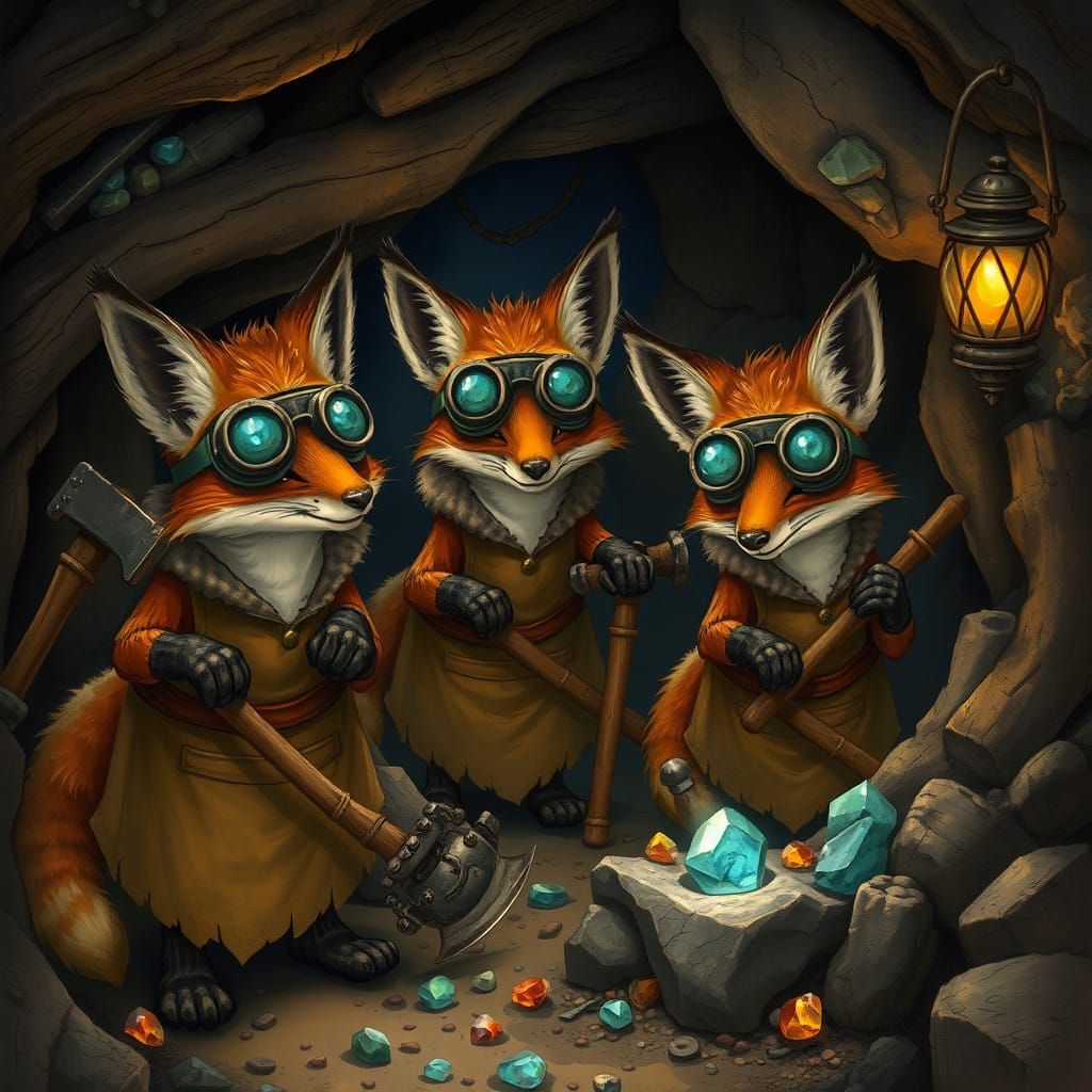 Fantasy Fox Miners in Rustic Mine