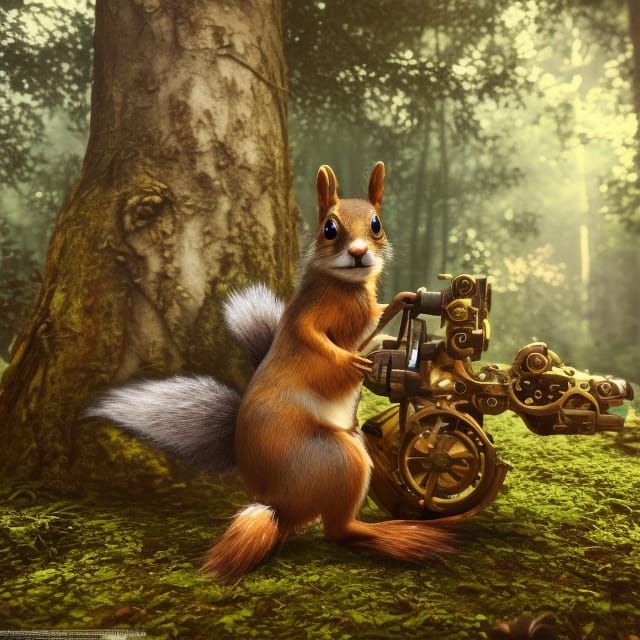 Steampunk Squirrel in Fantasy Forest, Sci-Fi Render