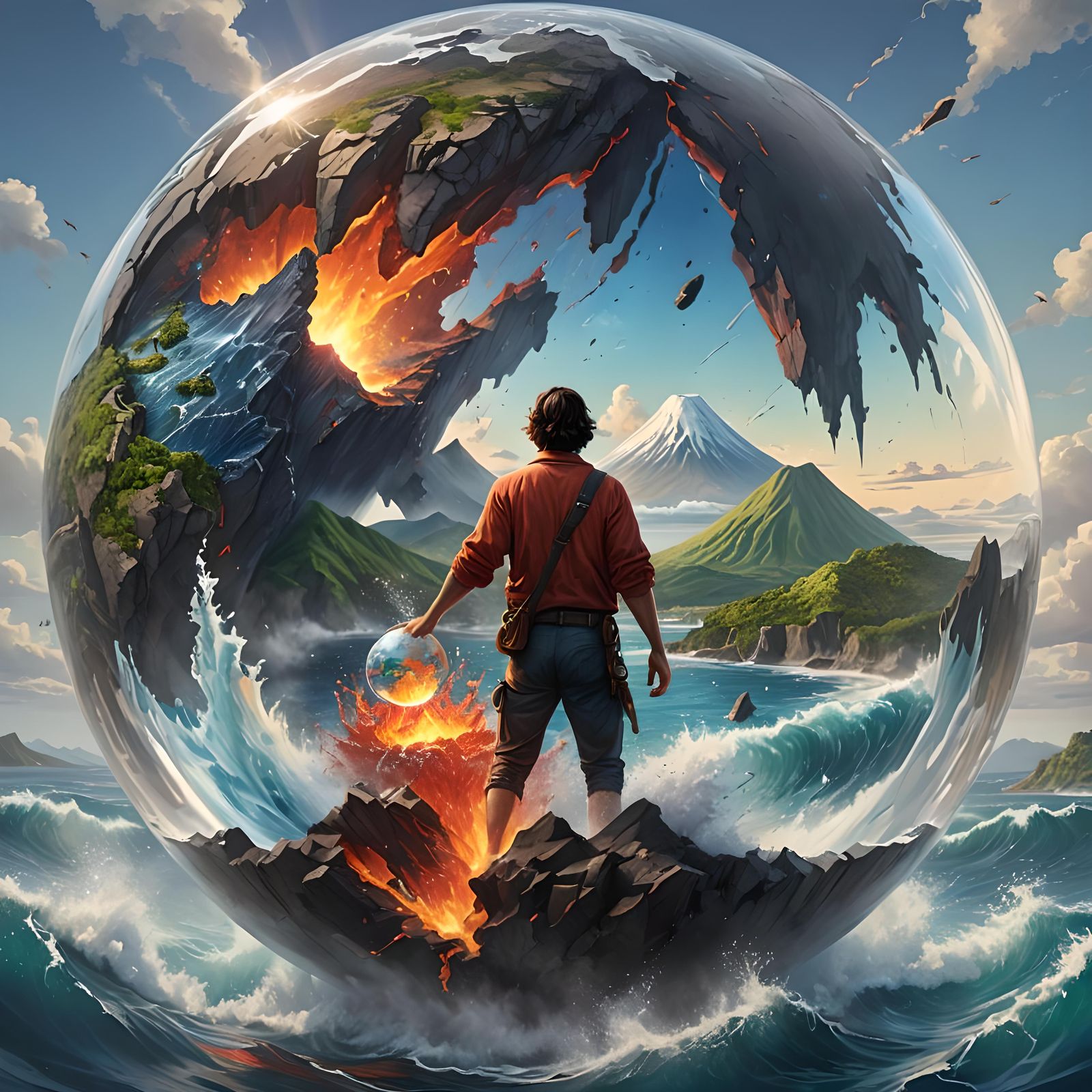 Volcano in Glass Globe: Hyperrealistic Ocean Scene