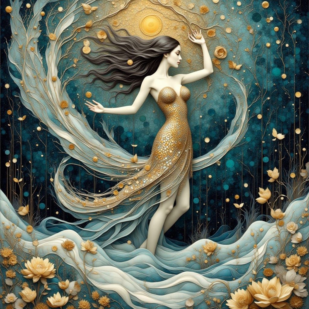 Water Nymph Emerges from Mist in Klimt Style