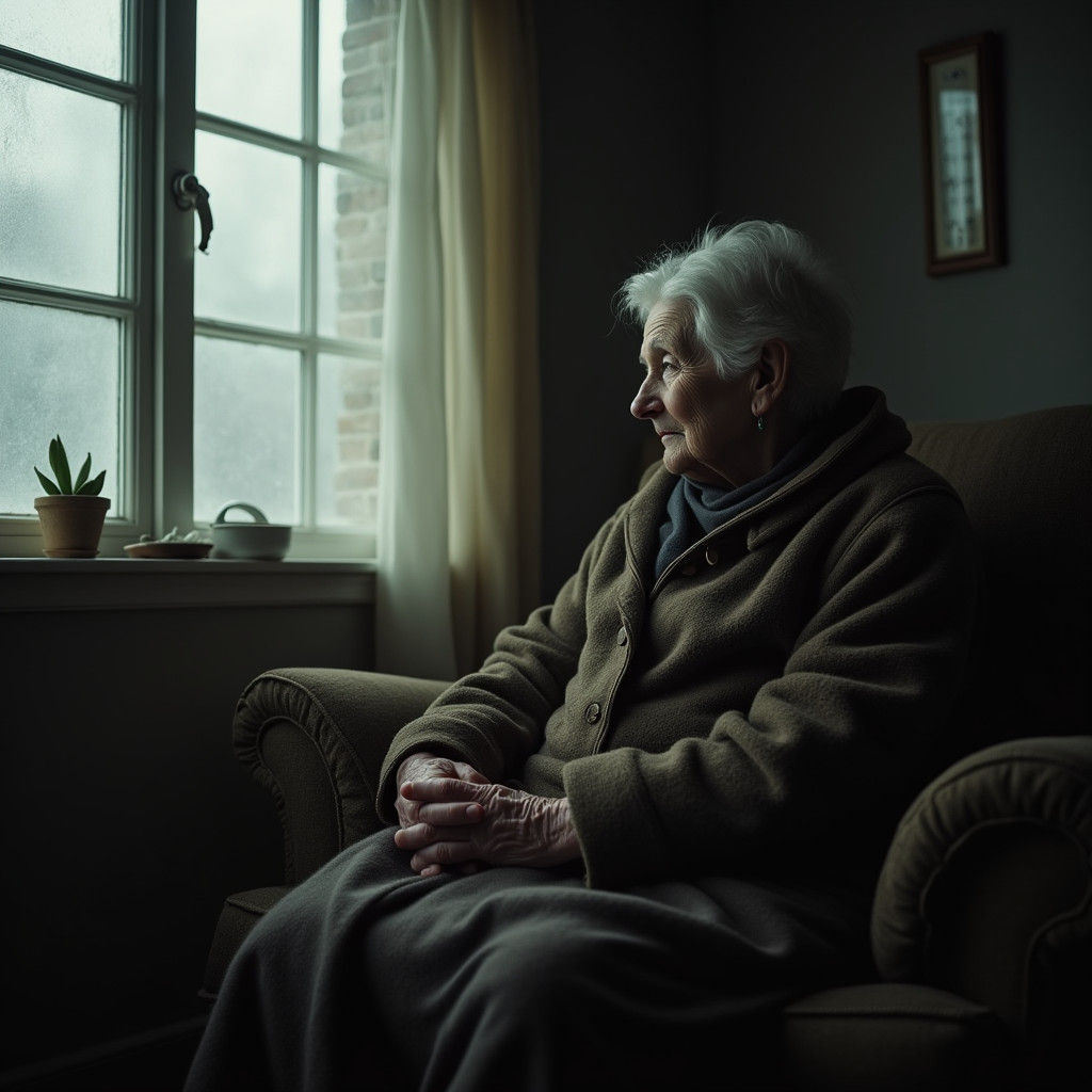 Elderly Woman in Freezing Room: Melancholic Realism