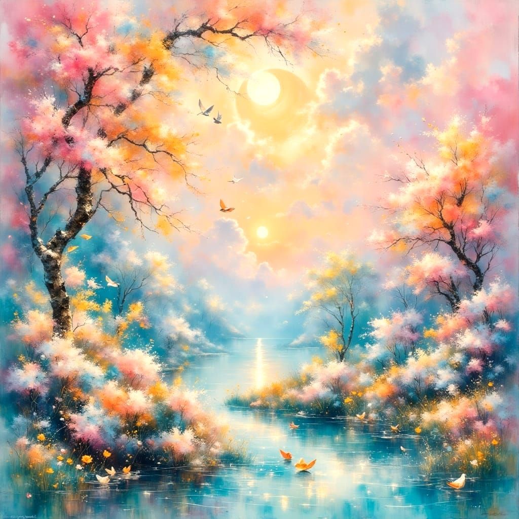 Surreal Sunset Oasis with Vibrant Pastel Colors and Ethereal...