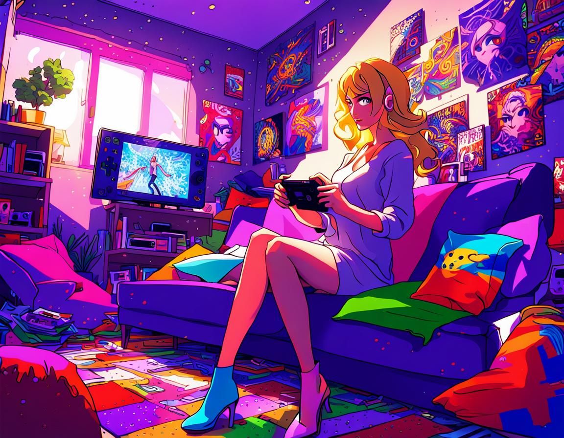 Anime Woman Gaming on Cluttered Sofa