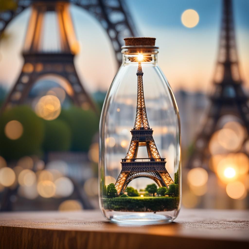 Eiffel Tower in a Bottle: Photorealistic Image