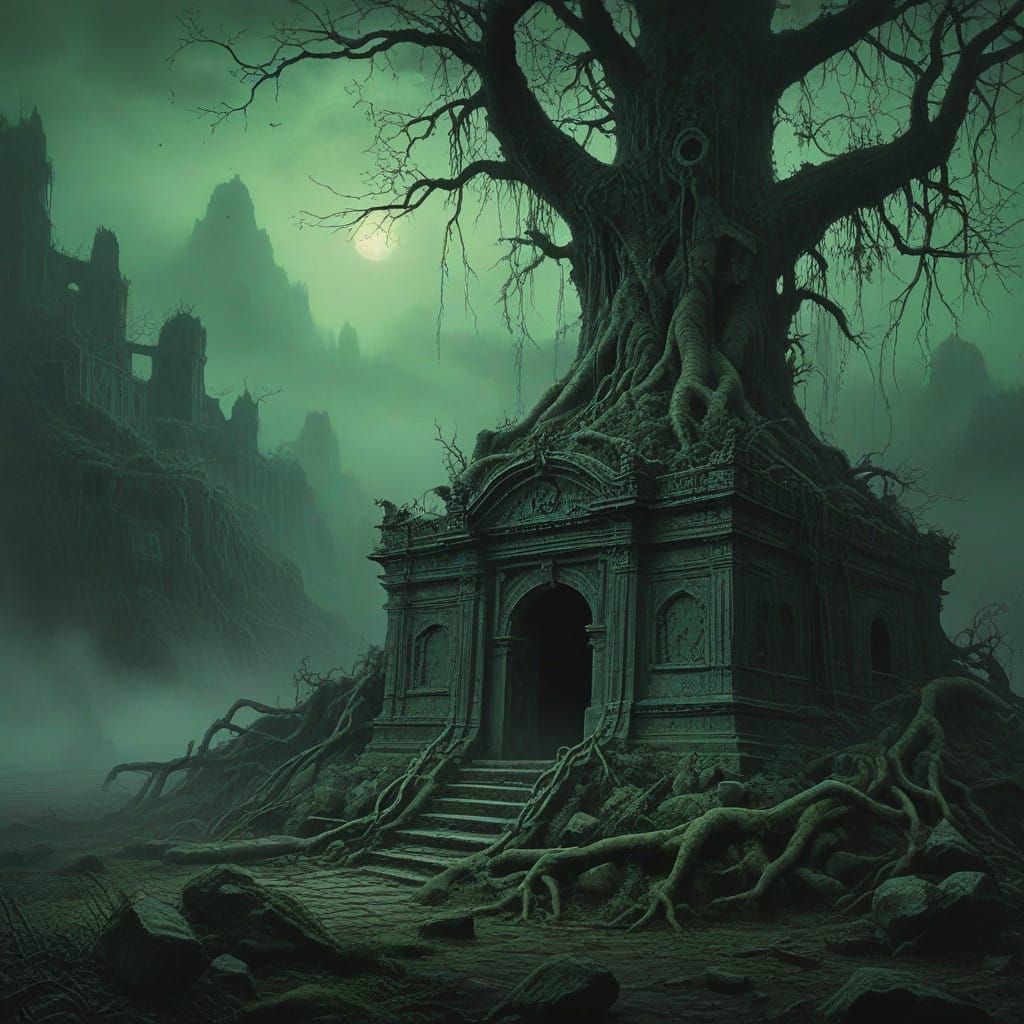 Abandoned Temple in Jungle Enshrouded by Ghostly Fog