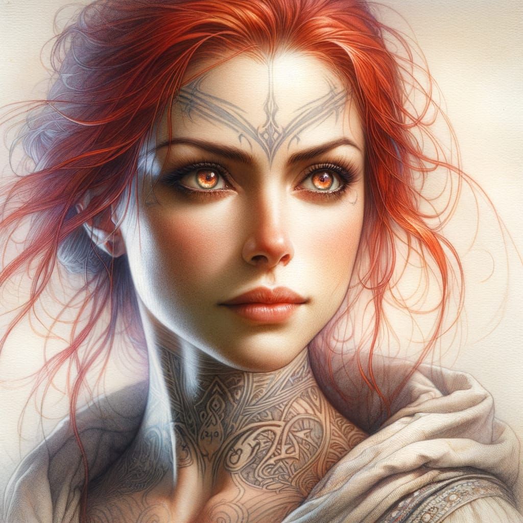 Ethereal Woman with Red Hair, Watercolor Portrait