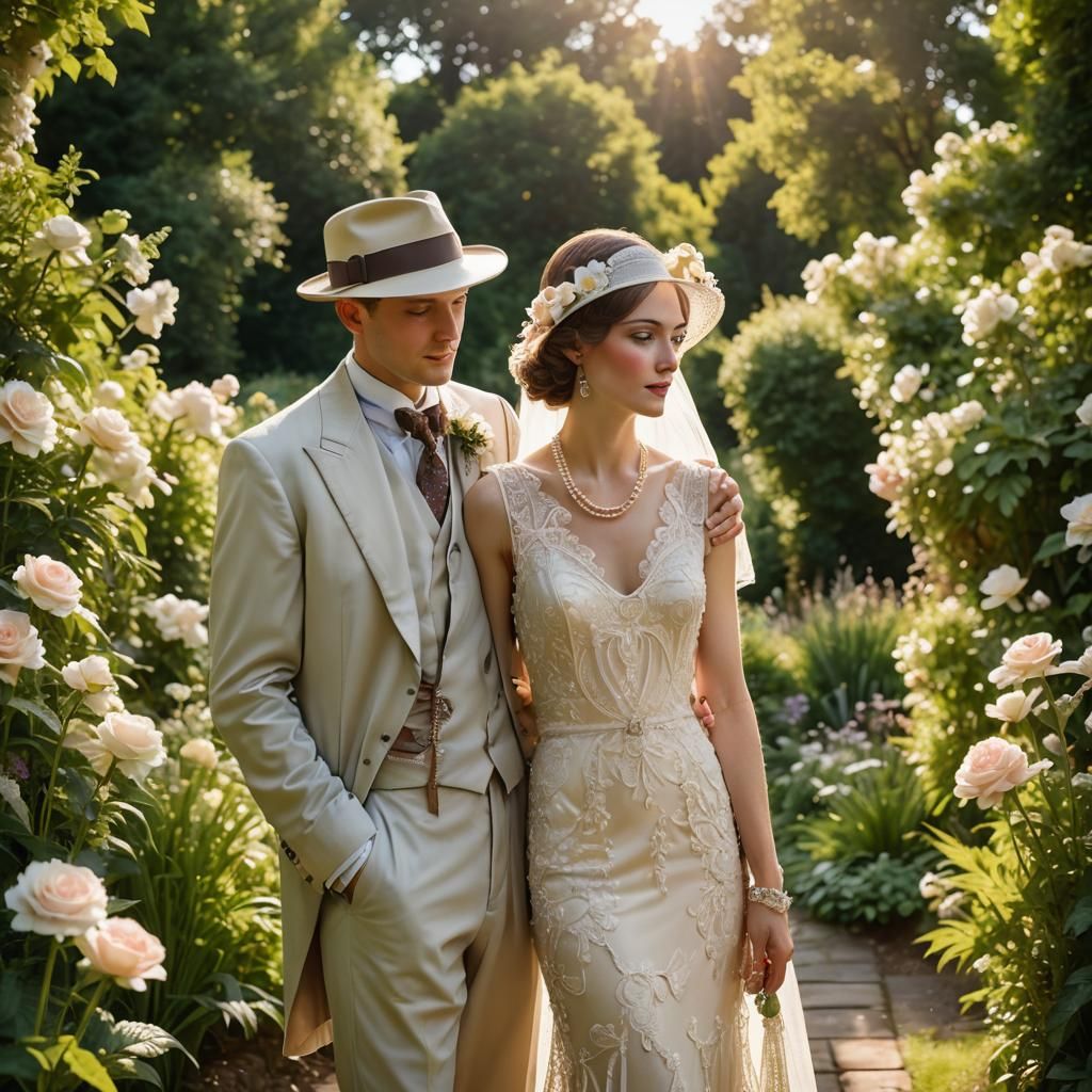 Roaring Twenties Wedding Portrait in Garden Setting
