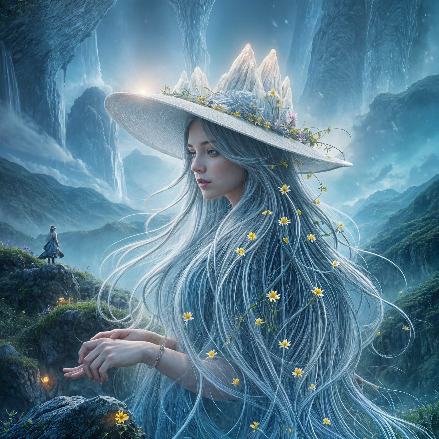 Mystical Woman with Mountain Hat and Waterfall Hair