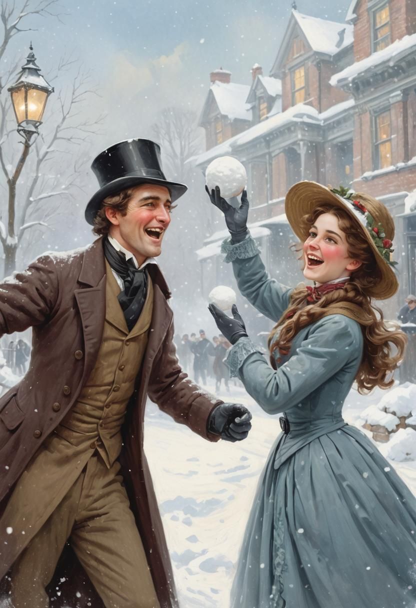 Victorian Lovers Engage in a Romantic Snowball Fight